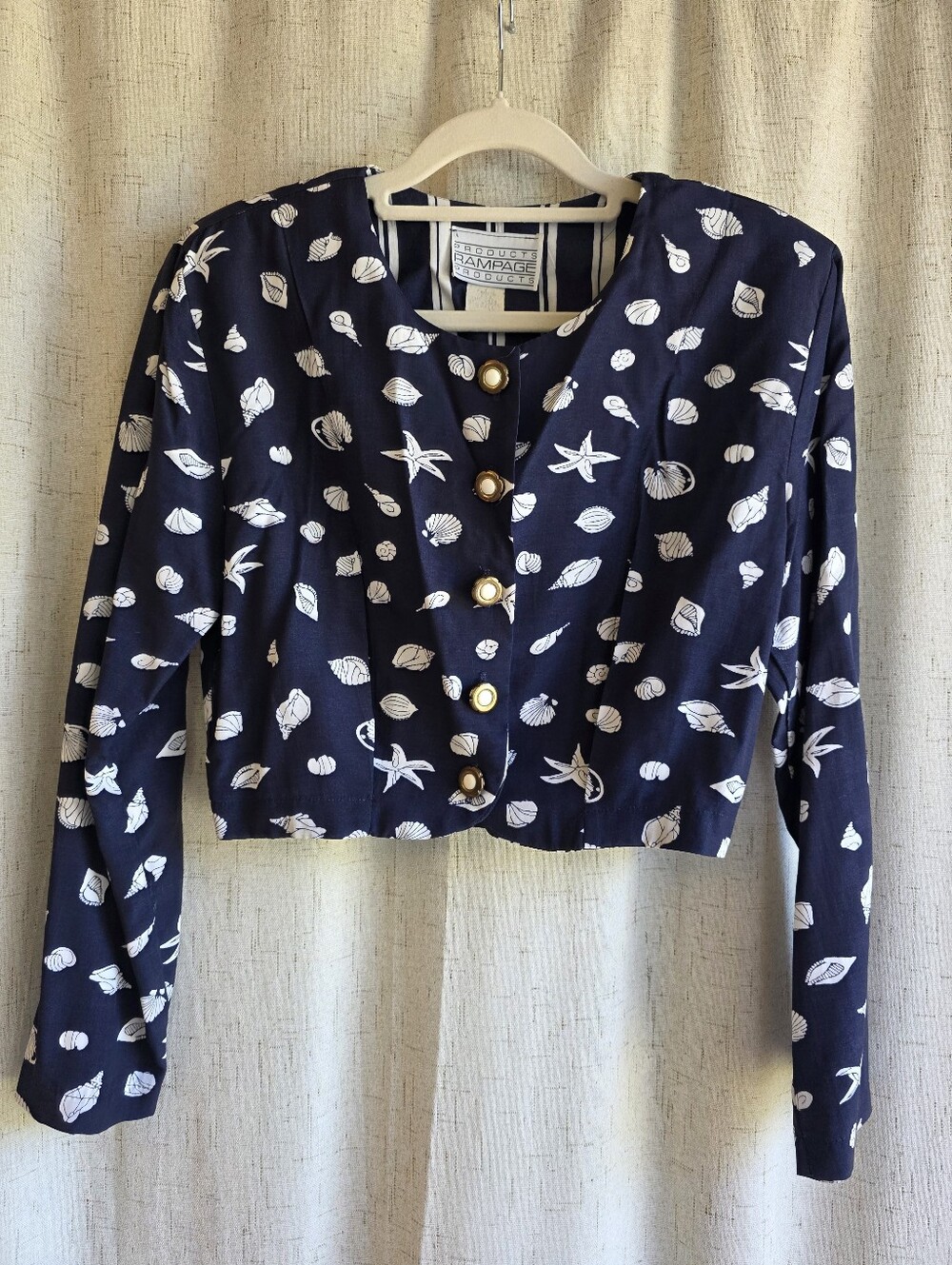 Vintage Rampage Navy Shell-Print Cropped Blazer with Shoulder Pads